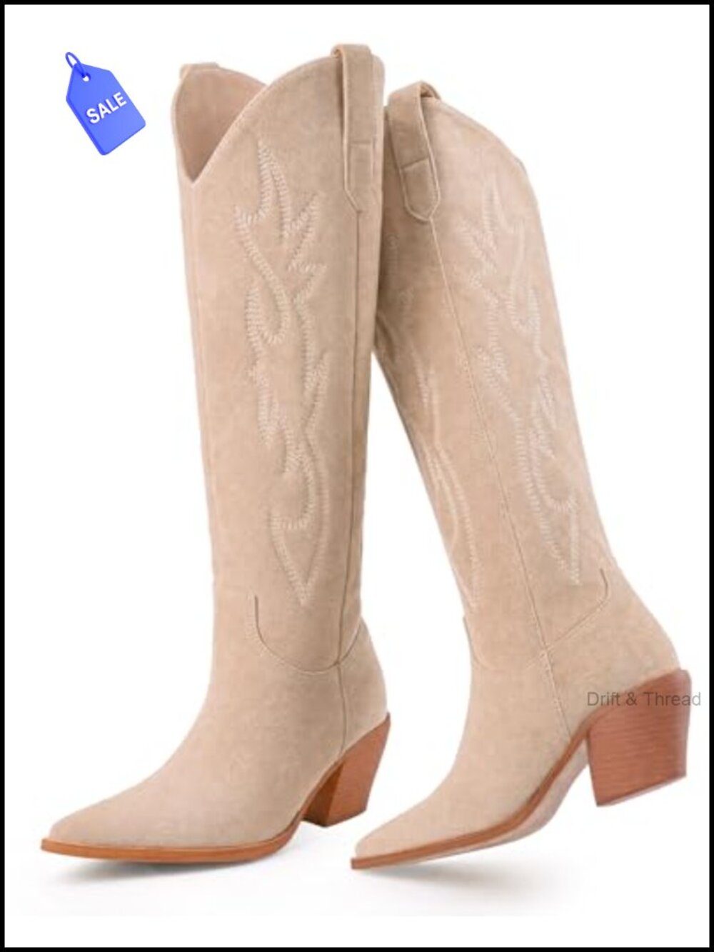 Faux Suede Knee High Cowboy Boots Pointed Toe Block Heel